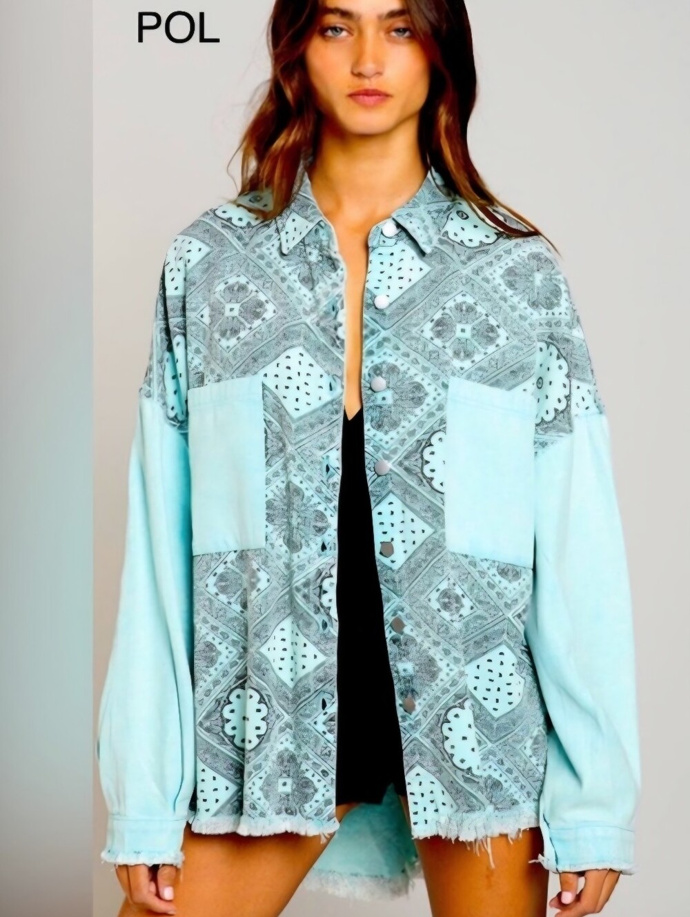 Pol Vintage Paisley Twill Shirt Jacket Teal Denim Handkerchief Shacket Medium